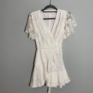 Saints + Secrets White Lace Pom Pom Trim Wrap Flutter Sleeve Mini Dress